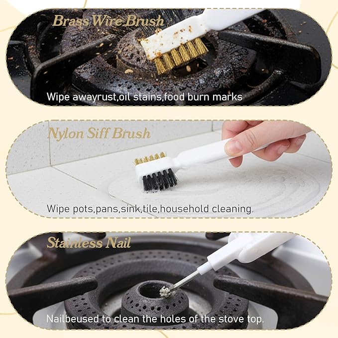 2Pcs Kitchen Cleaning Scrub Brush, 4 in 1 Deep Gas Stove Brass Wire Brush with Stiff Bristles and Cooktop Scraper Stainless Steel Scrubber for Range Hood Grease Grime Rust Cleaner Pot Pan