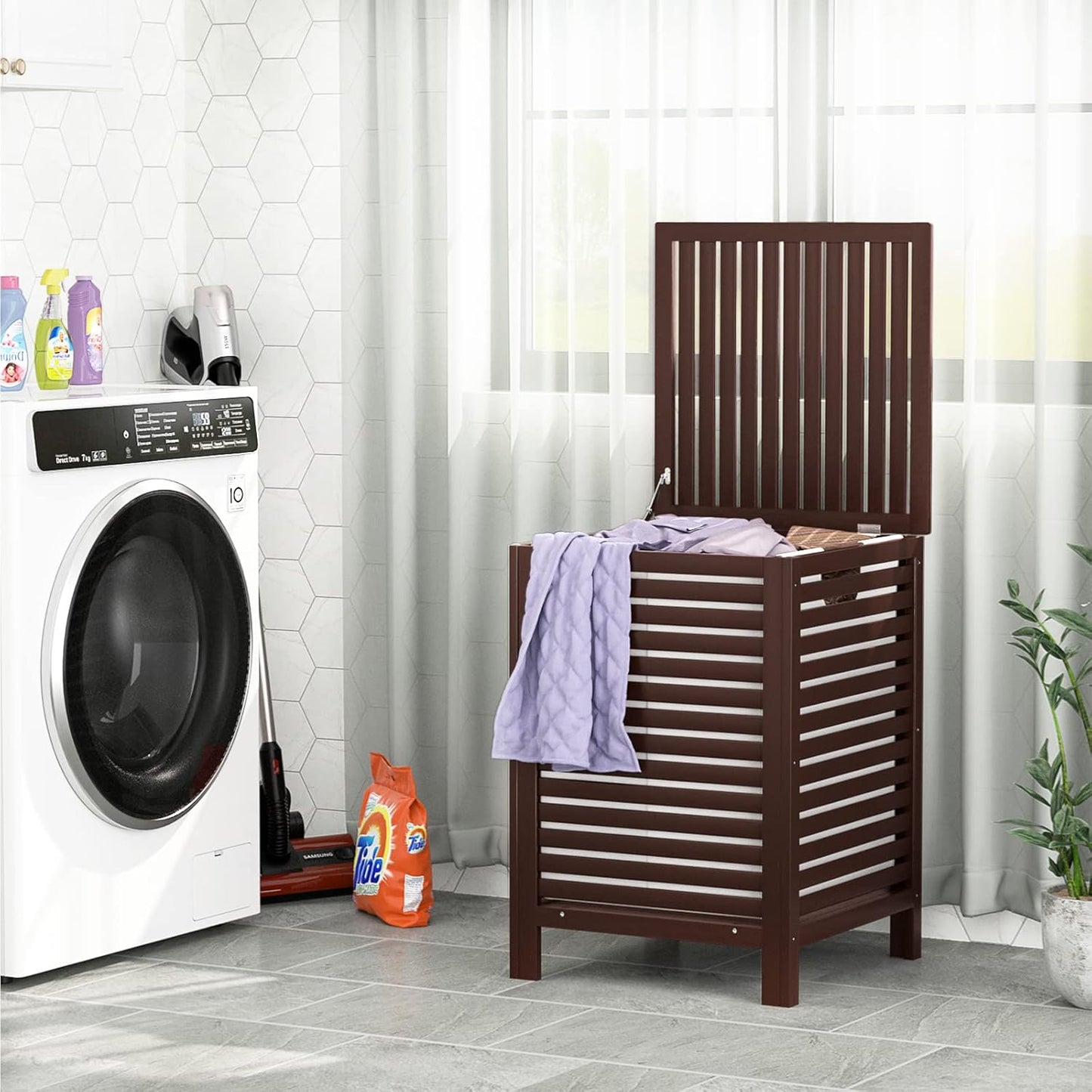 Homykic Bamboo Laundry Hamper with Lid, 120L Large Clothes Laundry Sorter with Removable 2-Section Liner Bag, Raised Laundry Basket Organizer for Clothing, Bathroom, Bedroom, Laundry Room, Espresso