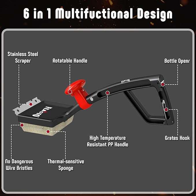 Grill Brush with Steam and 2 Replacement Brush Heads, 6-in-1 Bristle-Free with Interwoven-Tech & Thermal-Sensitive Sponge, Stainless Steel Scraper, 360° Rotating Knob, Bottle Opener