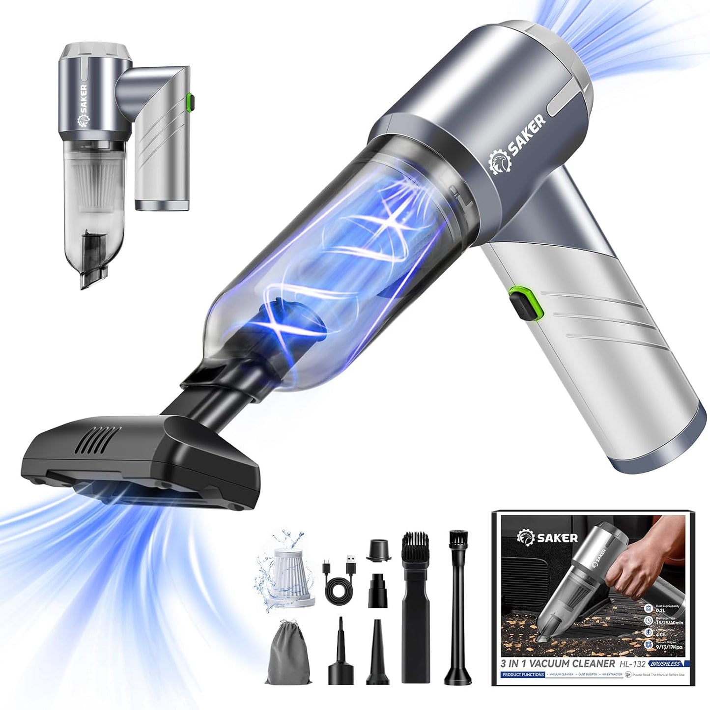 Saker Car Vacuum Cleaner 17000PA Foldable 3 in 1 Mini Handheld Vacuums Portable Cordless with Brushless Motor for Hair,Cars,Bedrooms,Offices Cleaning HL132 Silver