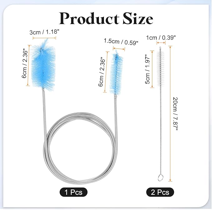 HARFINGTON 3pcs Flexible Long Drain Brush Straw Cleaner Set 61.02" Stainless Steel Double Ended Hose Brush with 8" Nylon Long Tube Pipe Cleaning for Fish Tank Sink Pipe, Blue