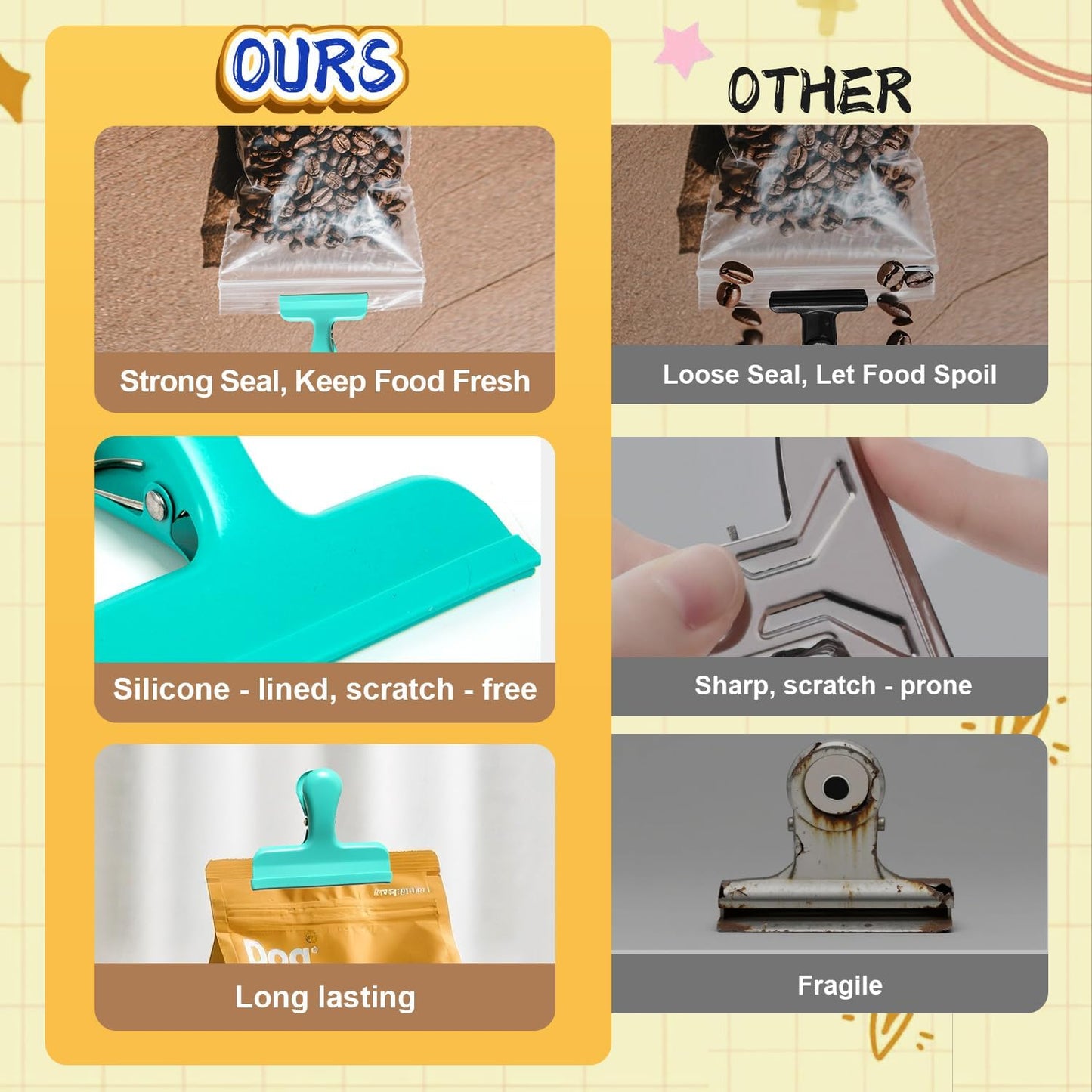 HOUSE AGAIN Chip Clips, 12 Pack Stainless Steel Chip Bag Clips Covered with Silicone, NO More Sharp Edges, Bag Clip for Food Packages, Heavy Duty for Kitchen and Office, Green