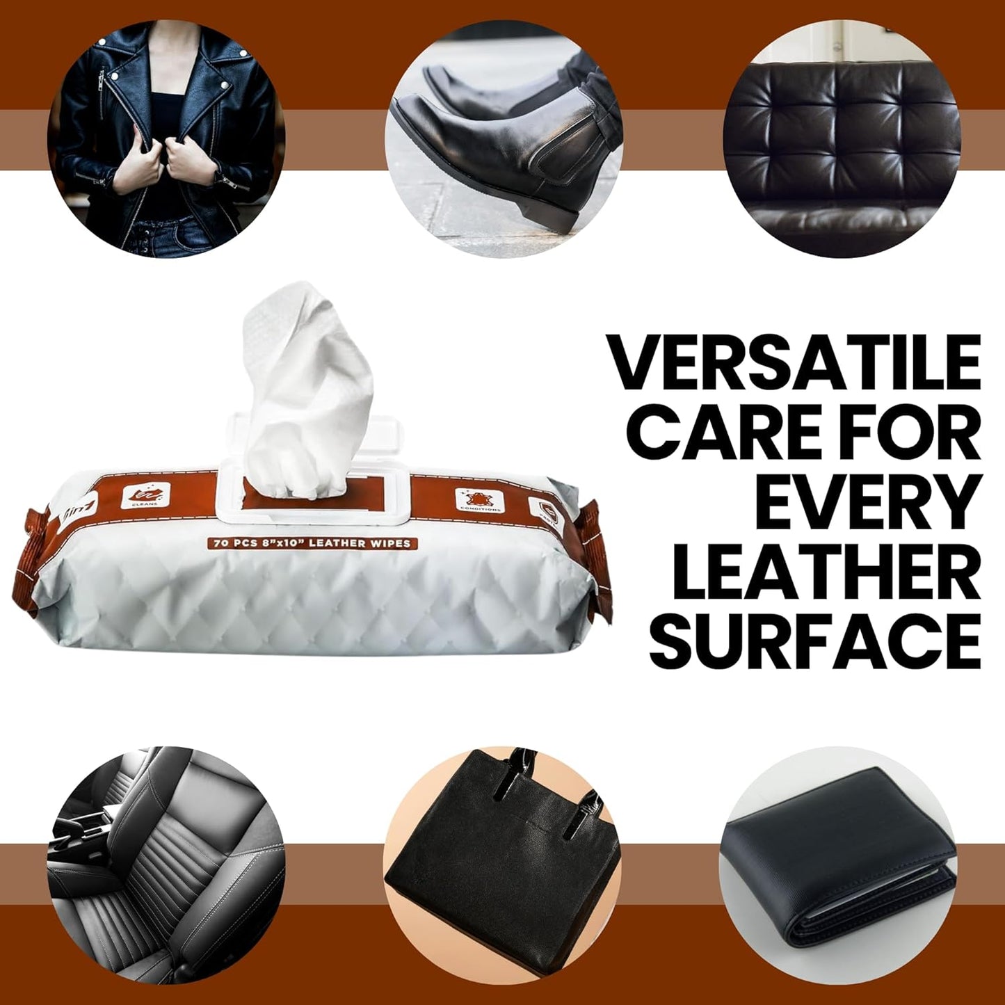 Venture Wipes Leather Cleaner Wipes - Clean, Condition, & Protect - Cleansing Wipes for Interior, Furniture, Purses, Shoes Boots - Car Cleaning Supplies - Extra Large 8"x10" - 70 Count