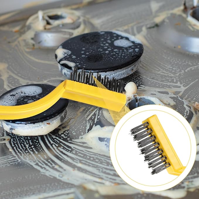 5 Pack Kitchen Stove Cleaning Brush + Scraper Tool Set, Stainless Steel and Nylon Brush Head Brushes Heavy Duty Scraper for Gas Burners Cooktop Pan Brass Kitchen, Bathroom, Range Hood Grease Grime