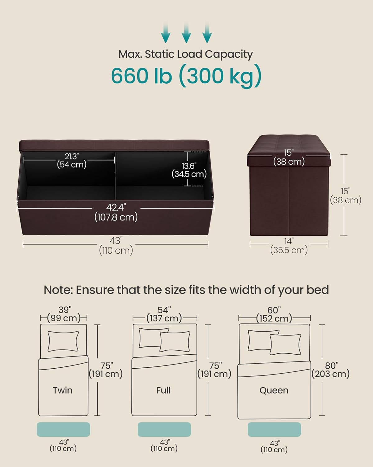 SONGMICS MAZIE Collection - 43 Inches Folding Storage Ottoman Bench, Ottoman with Storage, Foot Rest Stool, Load 660 lb, for Living Room, Synthetic Leather, Brown ULSF703