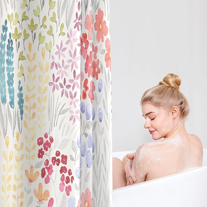 Cute Spring Summer Floral Shower Curtain, Colorful Flower Fabric Shower Curtains, Boho Funky Watercolor Wildflower Trendy Shower Curtain Set, Cottagecore Bohemian Bathroom Decor, 72x72