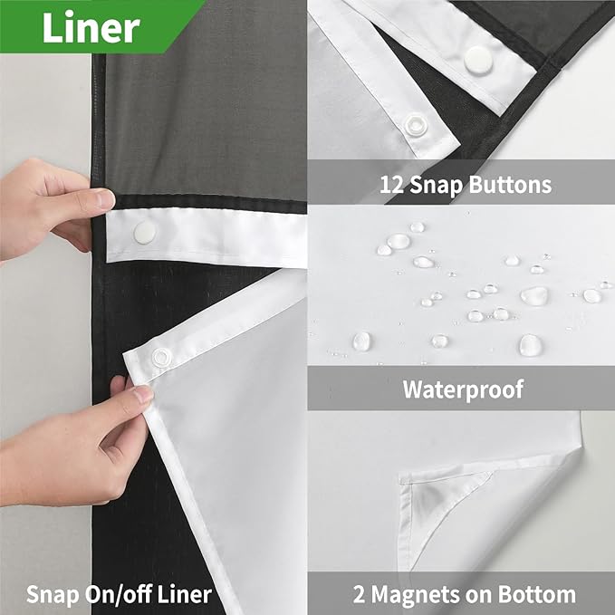 No Hooks Needed Linen Textured Shower Curtain with Snap-in Fabric Liner Set,Black Hotel Luxury Decor Shower Curtains for Bathroom,Waterproof & Washable,71Wx77H