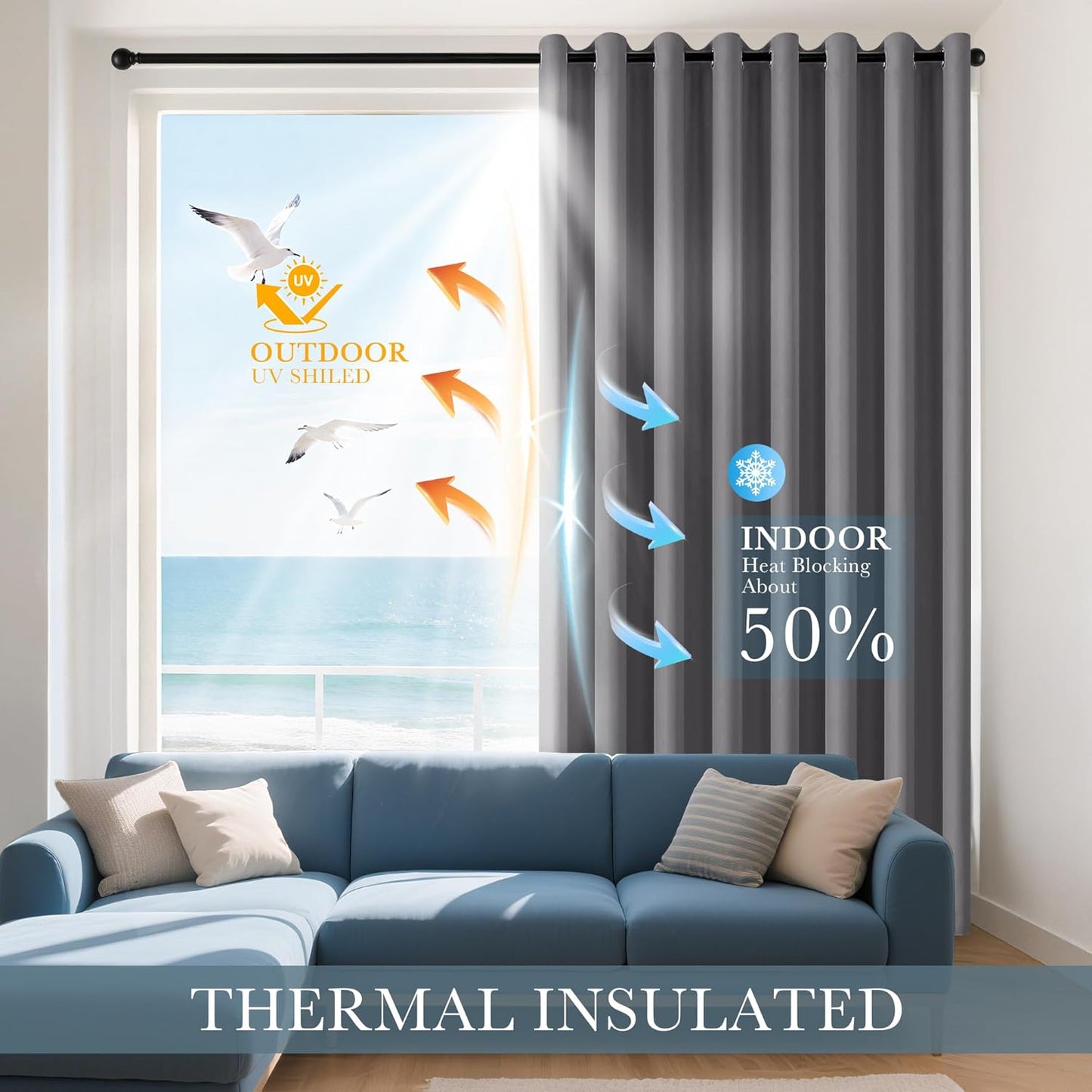 PONY DANCE Grey Blackout Curtains - Thermal Insulated Grommet Curtain Panels Room Darkening for Kitchen/Bedroom Window Treatments Home Decoration, 42 Inches Wide by 45 Inches Long, 1 Pair