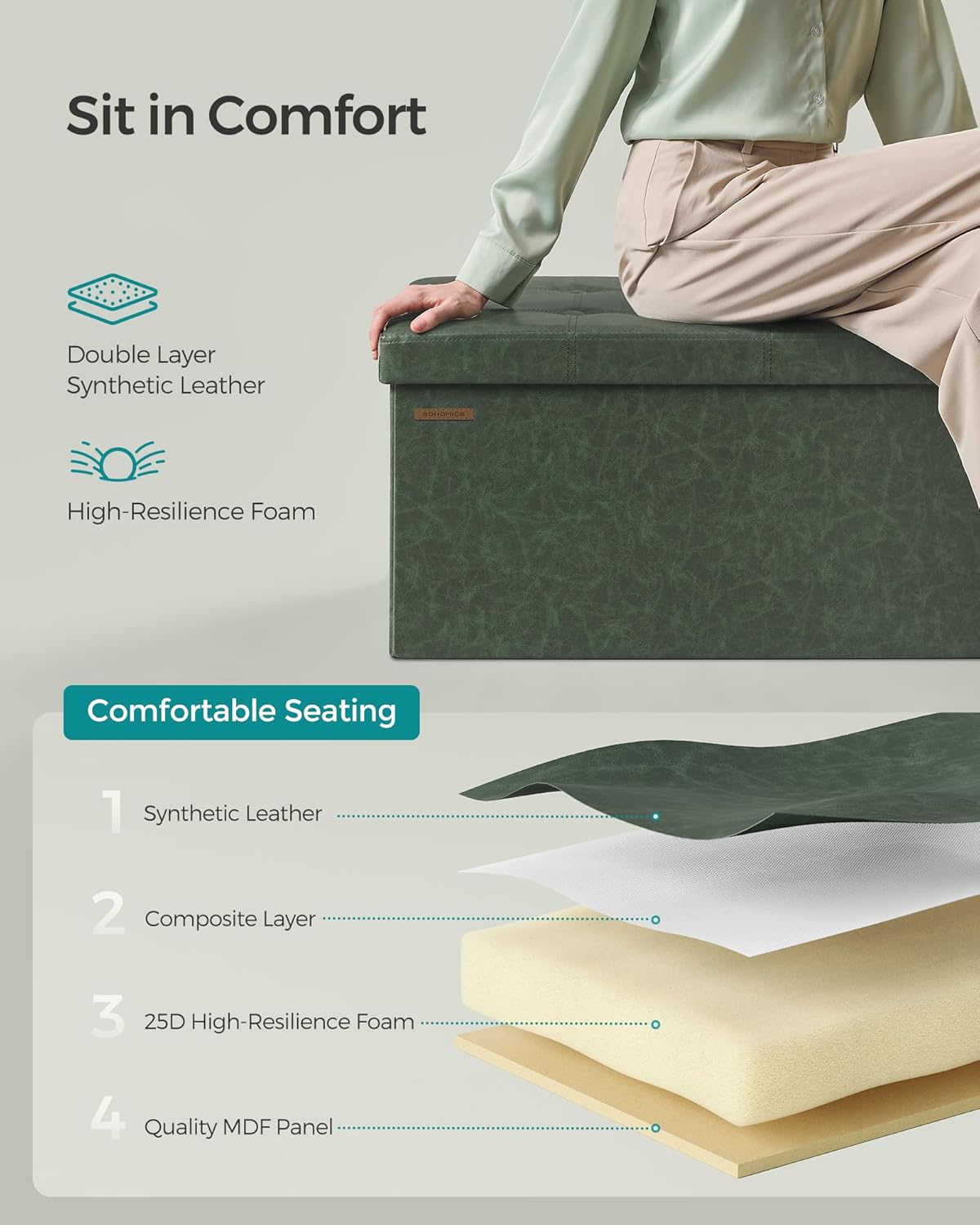 SONGMICS Mazie Collection - 43 Inches Folding Storage Ottoman Bench, Ottoman with Storage, Foot Rest Stool, Load 660 lb, for Living Room, Synthetic Leather, Forest Green ULSF070C01