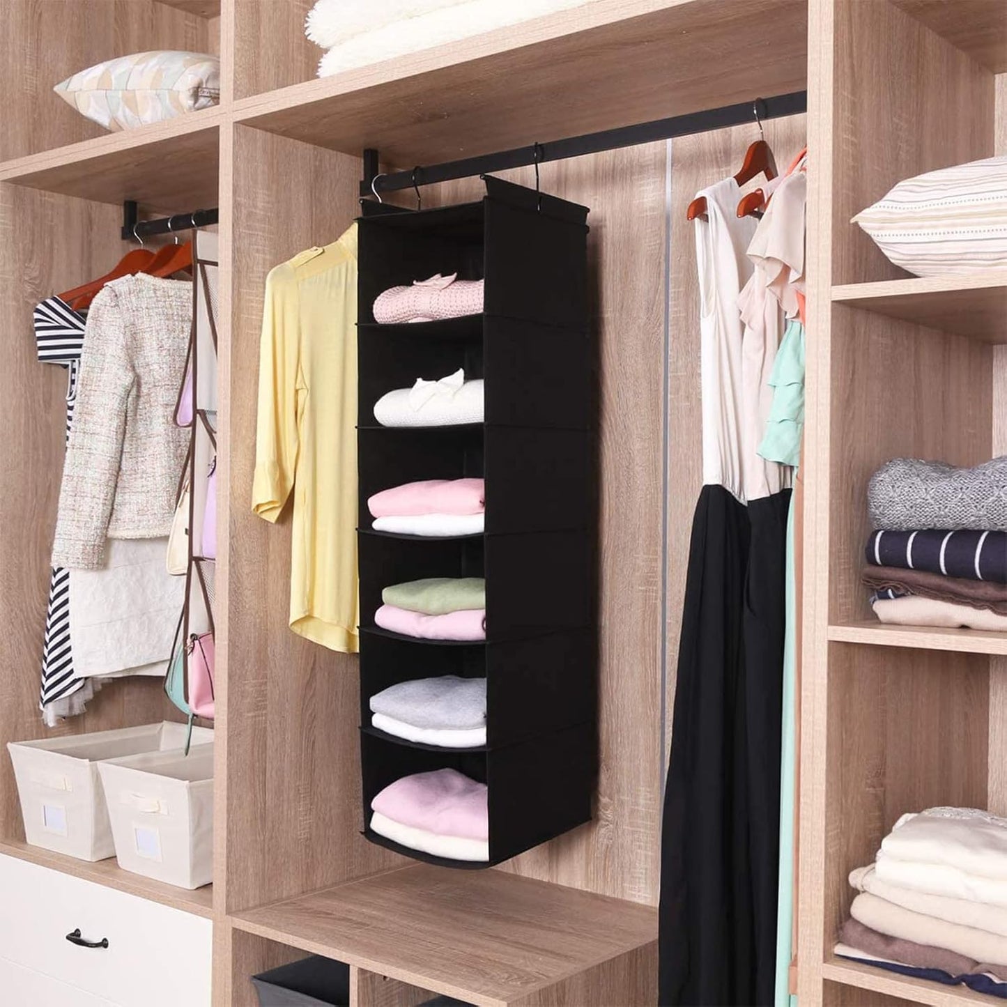 MAX Houser 6 Tier Shelf Hanging Closet Organizer, Closet Hanging Shelf with 2 Sturdy Hooks for Storage, 2 Pack, Foldable (Black)