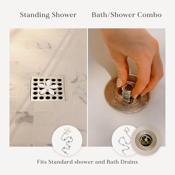DrainWig Shower Drain Hair Catcher – Disposable White Flower (4-Pack) – No-Touch Hair Removal for Flat Shower Drains – As Seen on Shark Tank