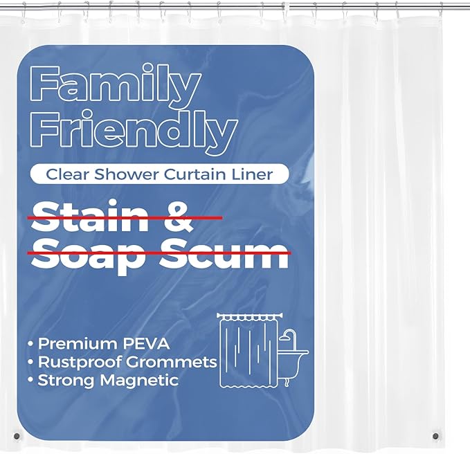 downluxe Clear Shower Curtain Liner with Magnets, PEVA Plastic Shower Liner, 72" W x 78" L Waterproof Lightweight Bathroom Curtain