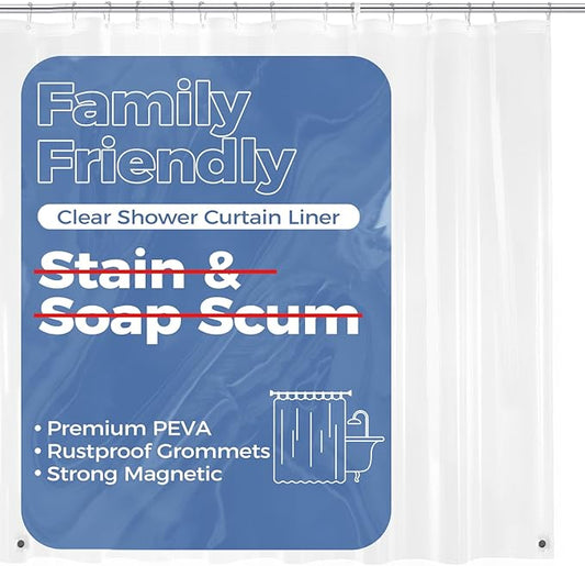 downluxe Clear Shower Curtain Liner with Magnets, PEVA Plastic Shower Liner, 72" W x 78" L Waterproof Lightweight Bathroom Curtain