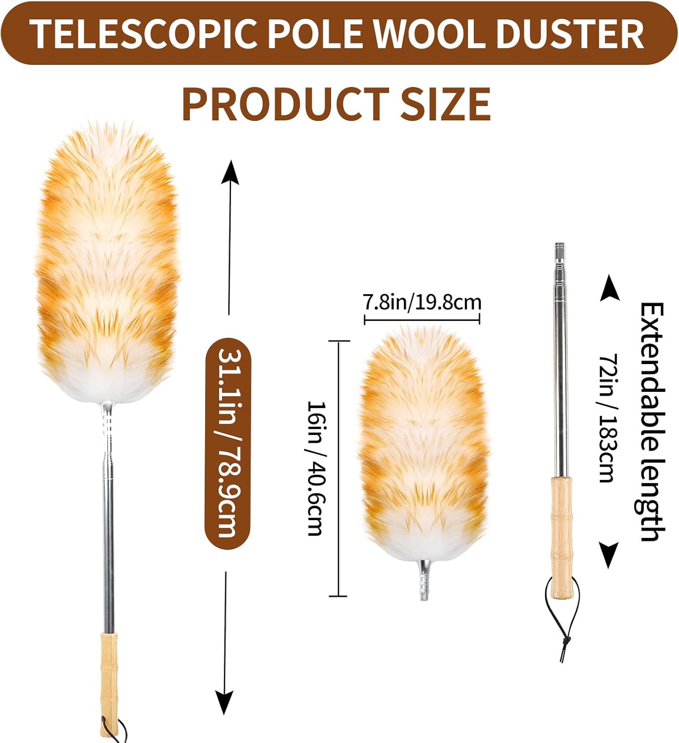 Lambswool Duster for Cleaning with Solid Wooden Handle Leather Hang Strap 87.8" Removable Retractable Feather Duster for Cleaning Ceiling Fans Window Blinds Interior Roof Furniture(2 Pack)