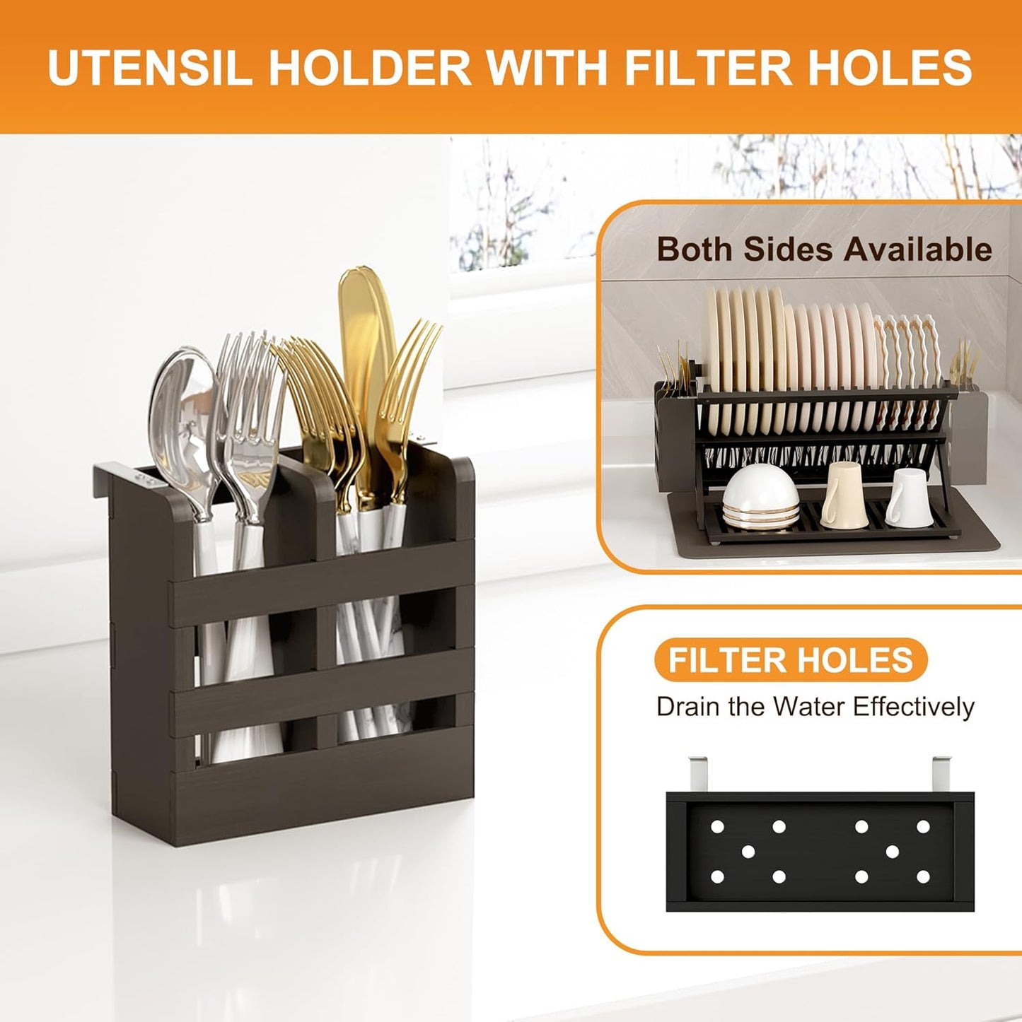 Greenual Black Bamboo Dish Drying Rack with Utensil Holder, 3 Tier Collapsible Dish Rack, Wooden Dish Racks for Kitchen Counter, Large Folding Drying Holder with Absorbent Dish Drying Mat