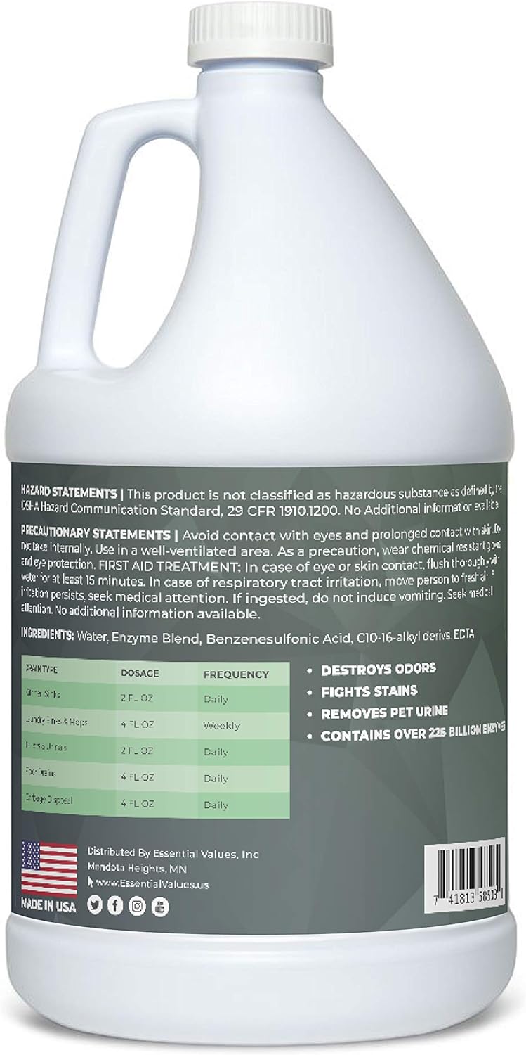 Enzyme Cleaner (1 Gallon / 128 Fl OZ), Drain Cleaner, Made in USA – Multi-Purpose Solution- Stop Odors in its Tracks | Odor Eliminator, Stain Remover, General Cleaning – for Residential & Commercial