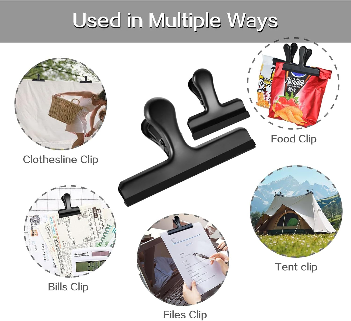 HOUSE AGAIN 12 Pack Stainless Steel Chip Bag Clips Covered with Silicone - NO More Sharp Edges - Color Coded for Food Bags - Air Tight Seal, Heavy Duty for Kitchen and Office, 5-3-2.5 Inches-Black