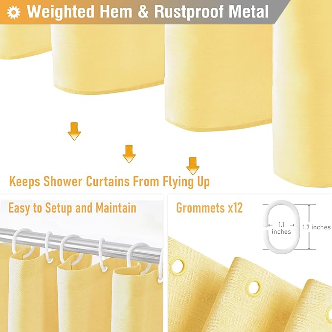 BTTN Fabric Shower Curtain, Linen Textured Heavy Duty Polyester Cloth Shower Curtain Set with Plastic Hooks, Yellow, 72" W x 96" L (Pack of 1)