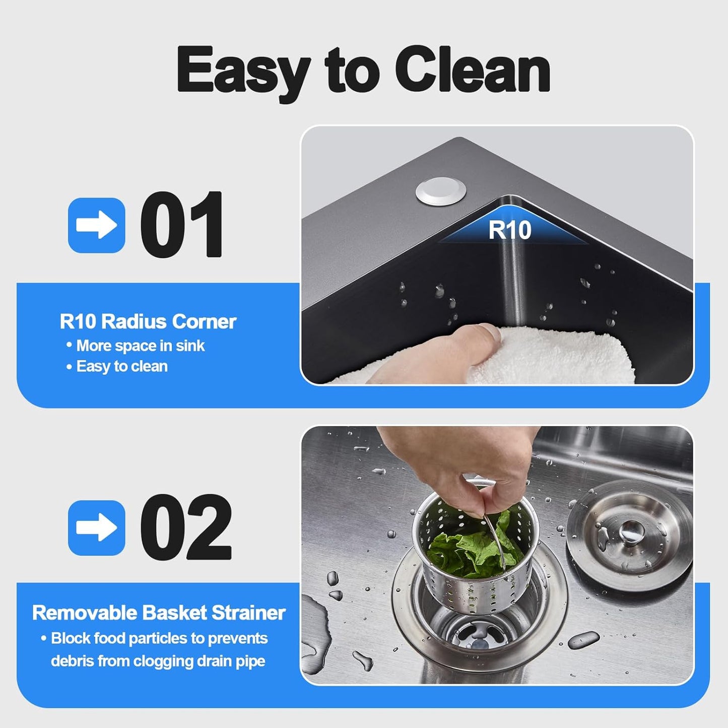 24x18x9 Inch Kitchen Sink, Handmade 304 Black Stainless Steel Single Bowl, 2-Hole Drop In Installation, R10 Tight Corner, for Modern Kitchen/RV/Outdoor Sink