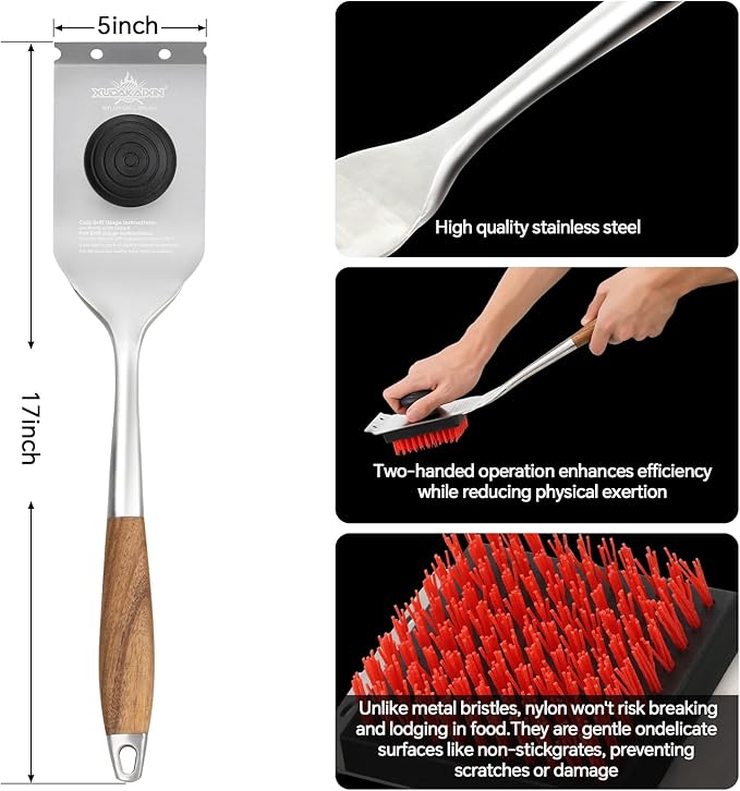 Nylon Grill Brush,Dual Grip Design,with Extended Luxurious Acaciawood Handle,Safe Nylon Bristles Barbecue Triple Scrubbers Cleaning Brush for Cast Iron Grates/Porcelain/Charcoal Grill