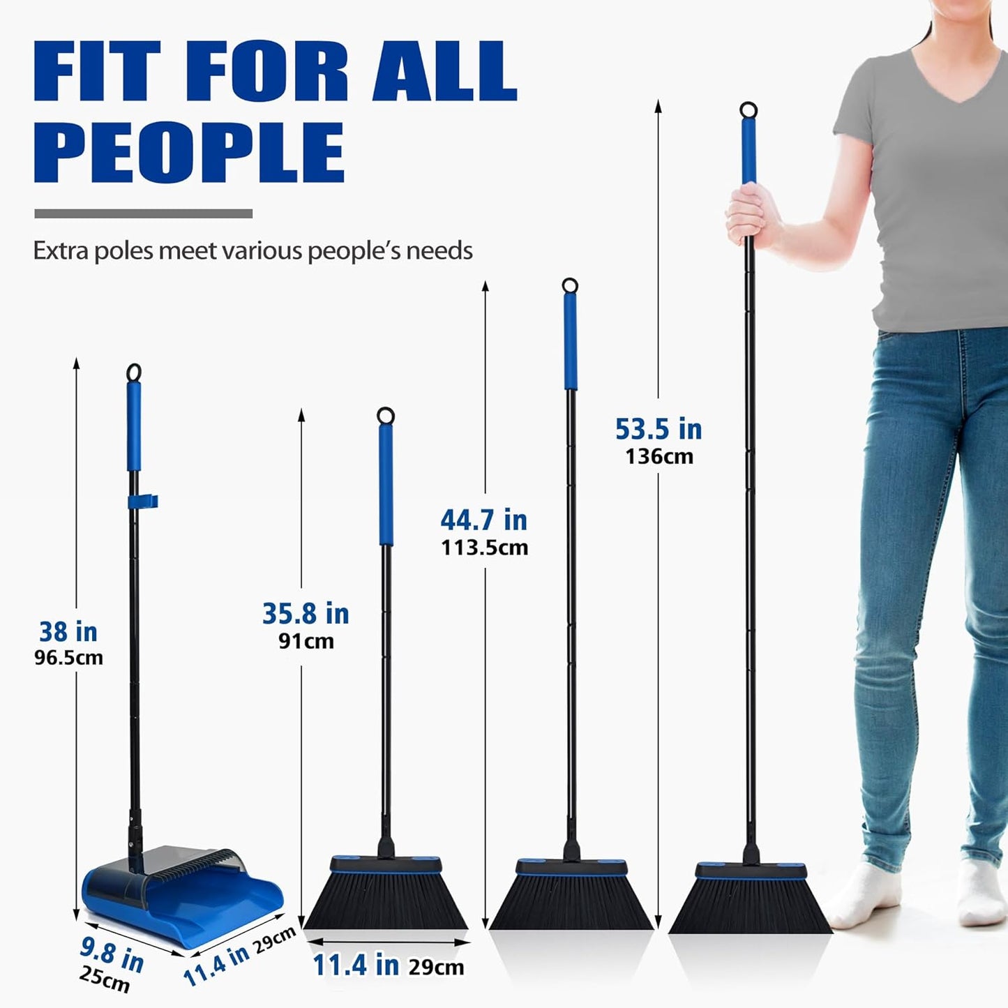 JEHONN Broom and Dust Pan, Upgraded Large Foldable Dustpan with Comb Teeth, 53.5 inches Long Handle Swivel Brush Indoor for Home Kitchen Lobby Floor Cleaning (Blue)