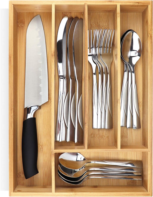 Silverware Organizer - Small Extra-Deep Wooden Kitchen Drawer Organizer Divider for Spoons, Forks, Knives & Cutleries - 5 Slots