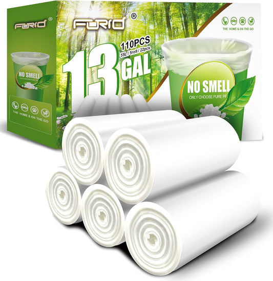 FORID 13 Gallon Trash Bags - Clear Plastic Garbage Bags Medium Tall Trash Can Liners for Kitchen Office Home Waste Bins Unscented One Box with 5 Roll 110 Count 55 Liter - Thick & Durable Trash Bag