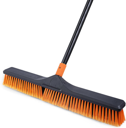 24”Push Broom Brush for Floor Cleaning with 65” Long Handle and Stiff Bristles, Heavy Duty Brush for Shop, Deck, Garage, Concrete,Indoor and Outdoor Broom,Orange