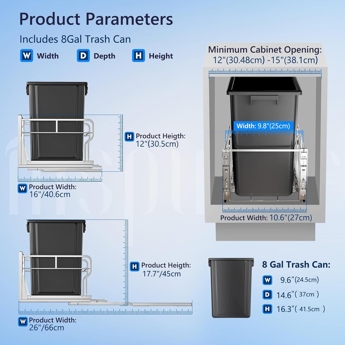Insputer 8 Gal Pull Out Trash Can Under Cabinet, Heavy Duty Under Sink Garbage Can Kit with Soft-Close Slides for Kitchen, Laundry, Requires Minimum Cabinets Opening 12" W X 18" D