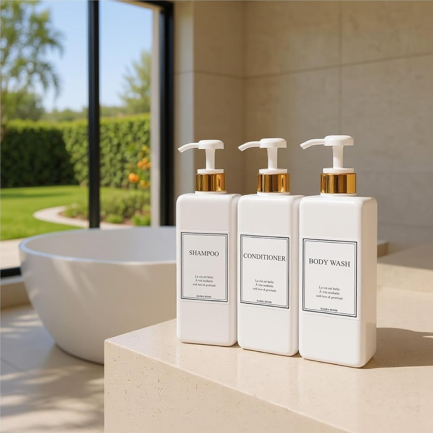 Modern Gold Design Large 27 oz Shampoo and Conditioner Dispensers - Empty Plastic Refillable Pump Bottle Set for Bathroom Shower Soap Dispenser, Set of 3 (White)