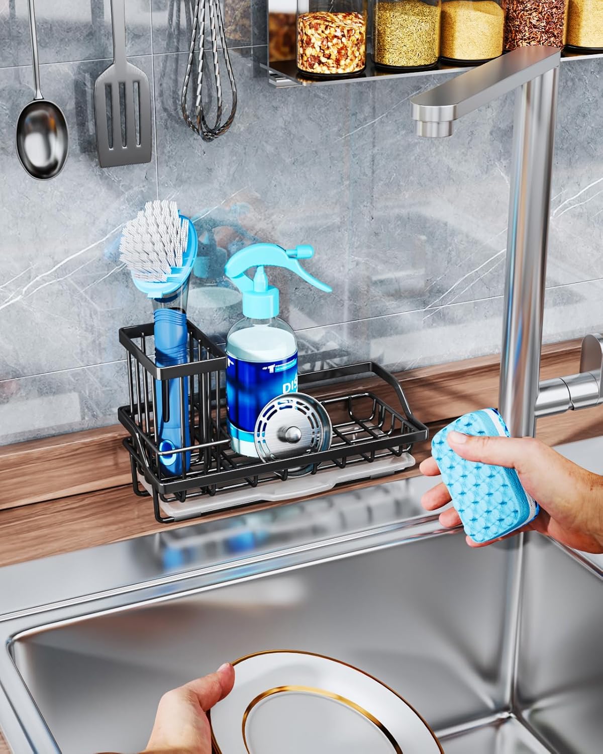 Consumest Sponge Holder for Kitchen Sink - Kitchen Sink Caddy Organizer with Removable Drip Tray for Countertop Dish Soap Dispenser Brush Storage Accessories 304 Stainless Steel - Black