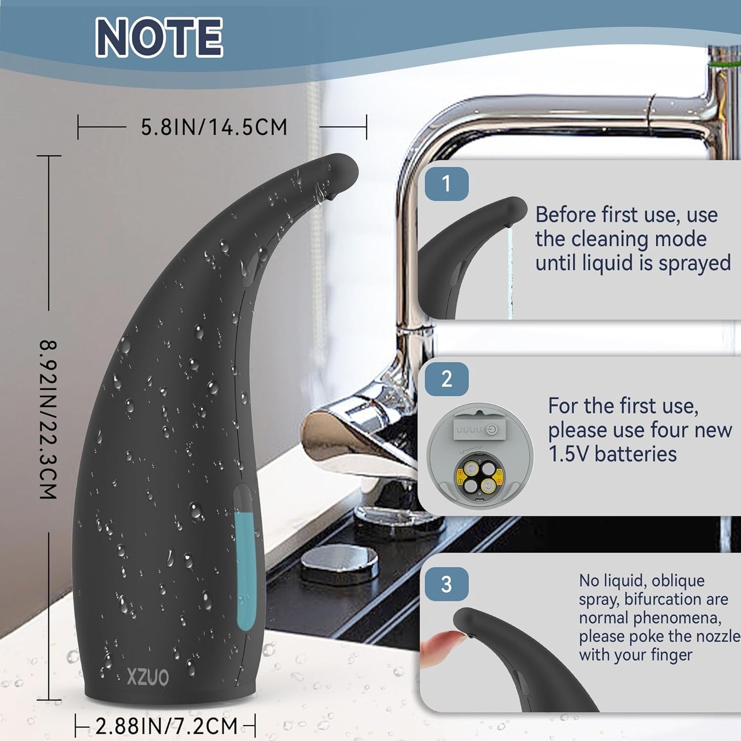 Automatic Soap Dispenser with Infrared Sensor - Adjustable 4-Level Touchless Hand Soap for Kitchen, Bathroom - Battery Operated Electric Dispenser, Durable Plastic, Smart Soap Holder (Black)