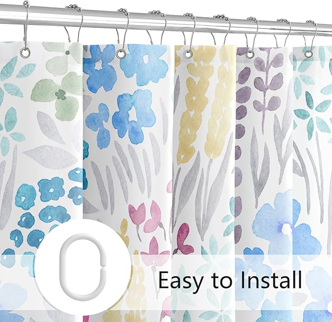 Long Shower Curtain 72 x 78 Inch, Tall Cute Floral Shower Curtain for Bathroom, Blue Pink Yellow Wildflower Boho Cottagecore Fabric Shower Curtain Set with Hooks