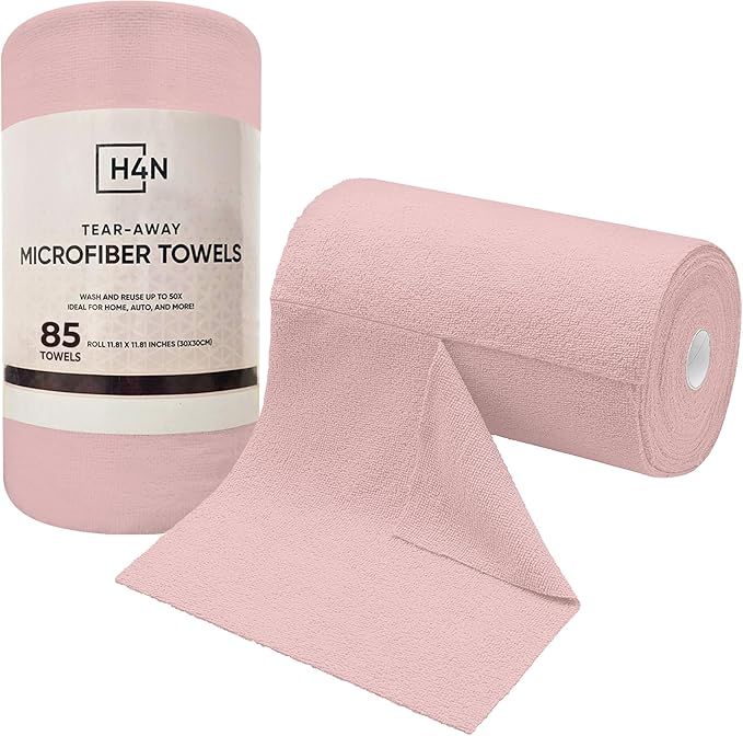 H4N Microfiber Cleaning Cloth Roll, 85 Pack Micro Fiber Wash Cloths for Car, Tear Away Towels, Ultra Absorbent Dish Rags, Non-Abrasive, Reusable and Washable Household Supplies, 11.81" x 11.81", Pink