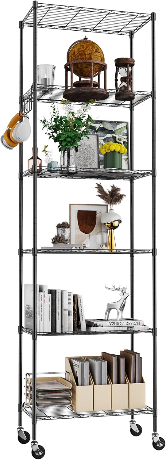 Himimi 6-Tier Storage Shelf Units, Adjustable Wire Shelving with Wheels, Metal Shelves with Stainless Side Hooks, Free Standing Shelving for Laundry Bathroom Kitchen Pantry Closet, Black