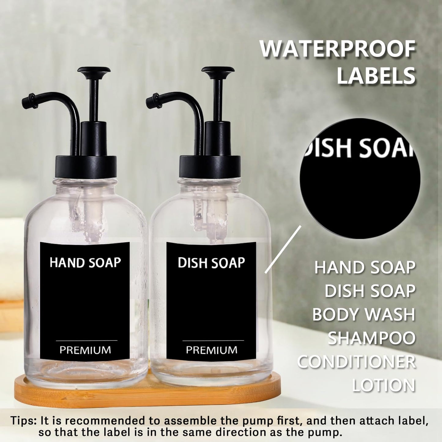 12oz Dish Soap Dispenser for Kitchen, Hand Glass Soap Dispenser Set with Pump, Tray, Funnel for Bathroom, Shower, Laundry, Liquid, Lotion (Black 2 Pack Clear Bottles with 12 Stickers)