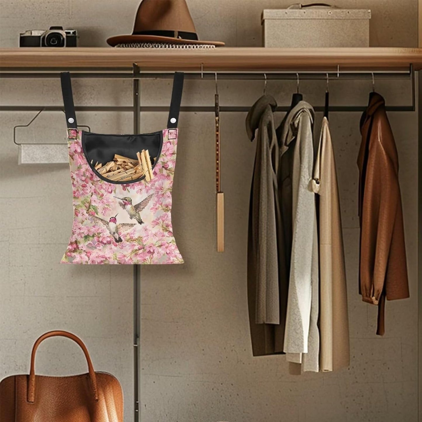 Hummingbird and Cherry Blossom Clothespin Storage Bag, Space-Saving Organize Clothespin Bag with A Large Opening for Clothesline Outdoor