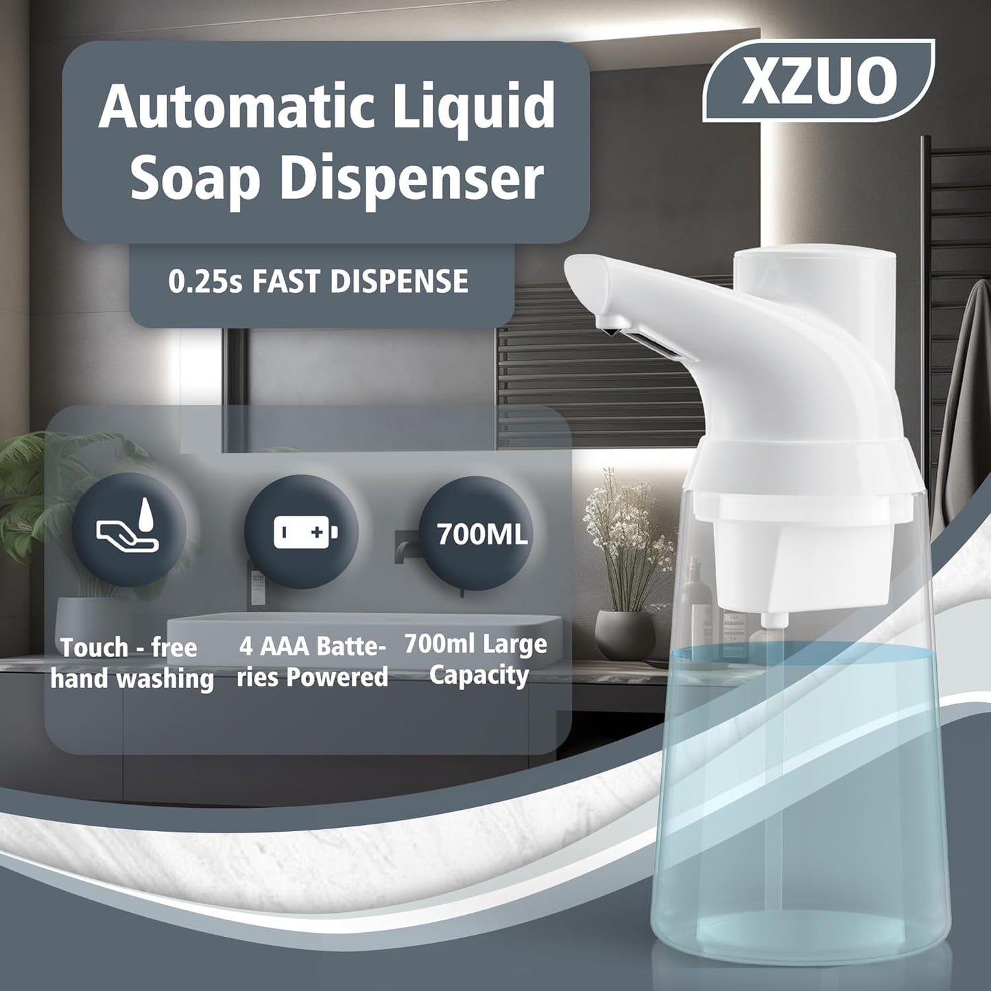 Automatic Soap Dispenser Touchless, 23.7 oz/ 700 ml, Low Battery Liquid Soap Bottle with Motion Sensor for Bathroom & Kitchen (White-Battery)