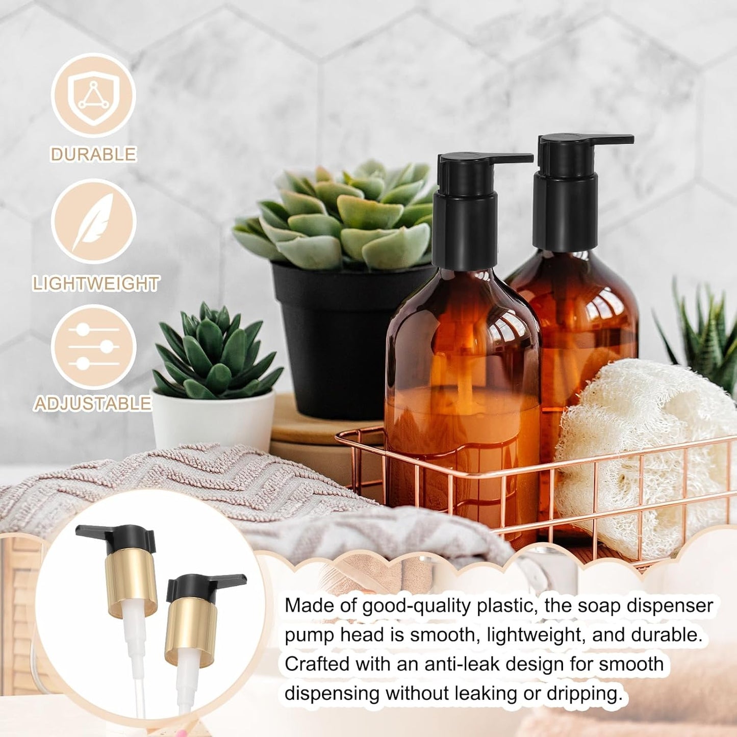 uxcell 2 Pcs Soap Dispenser Pump Heads, Hand Soap Dispensers Top Pumps Replacement Clip-on Pumphead for Standard 24/410 Neck Size Bathroom Lotion Shampoo Bottle, Gold Black