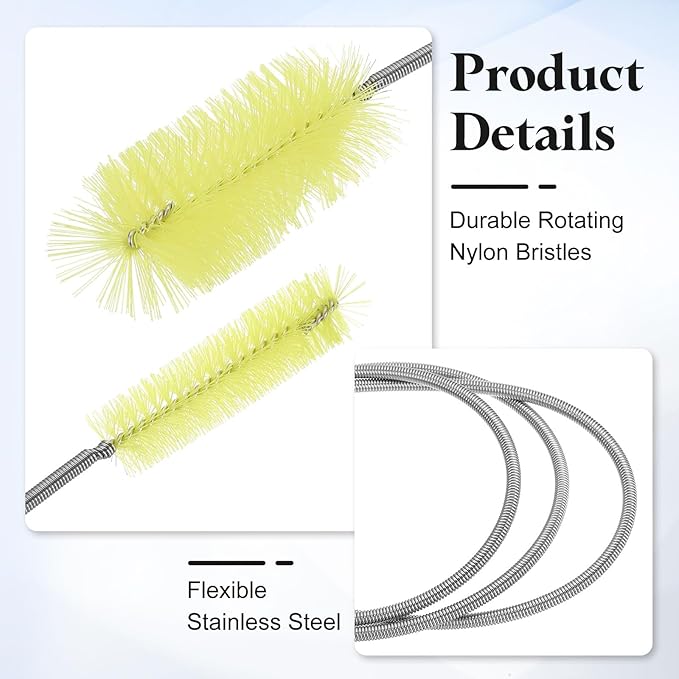 HARFINGTON 3pcs Flexible Long Drain Brush Straw Cleaner Set 35.4" Stainless Steel Double Ended Hose Brush with 8" Nylon Long Tube Pipe Cleaning for Fish Tank Sink Pipe, Yellow