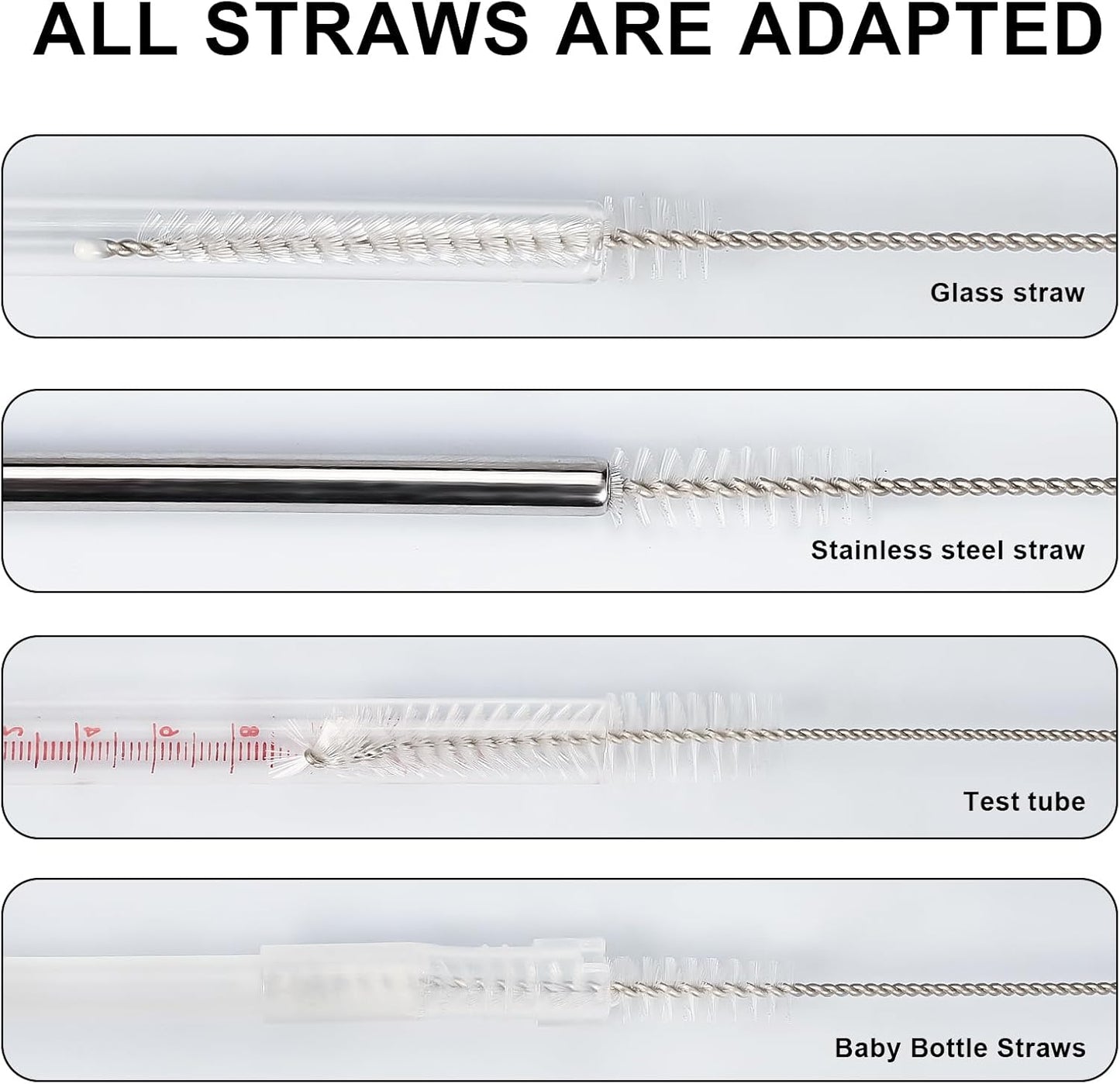 Straw Cleaner Brushes Sets, 12 Pieces 8.2 Inch Botthle Cleaning Brush and Nylon Tube Brush Brush Kit for Sippy Cup, Tumbler, Water Bottle, Drinking Straw (White)