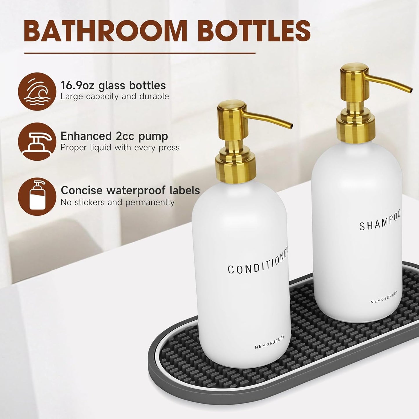 Glass Shampoo and Conditioner Dispenser-Shampoo Dispenser for Shower-16.9 fl oz Set of 3 Refillable Glass Bottles with Pump and Labels-Shower Soap Dispenser for Bathroom(White)
