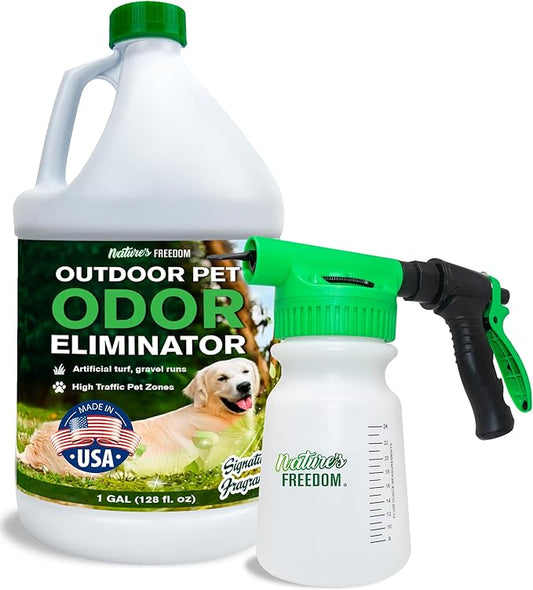 Nature's Freedom Hose-End Outdoor Pet Odor Eliminator – Gallon Enzyme Cleaner with Spray Gun for Yard, Turf, Patios, Kennels, Concrete