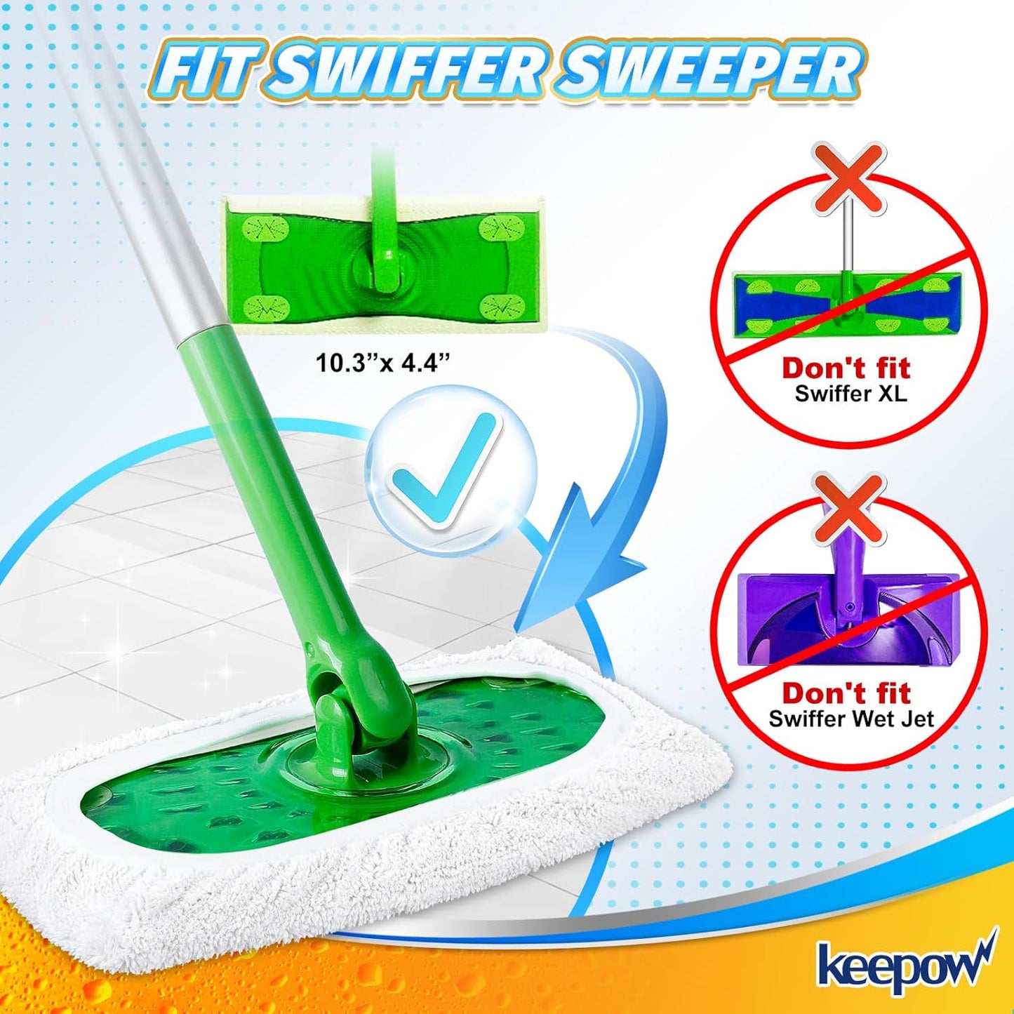 KEEPOW Reusable Microfiber Mop Pads for Swiffer Sweeper Mop, Washable Wet Pad Refills for Wet & Dry Use, Microfiber Dry Sweeping Cloths for Hardwood Floor Cleaning, 10 Pack (Mop is Not Included)