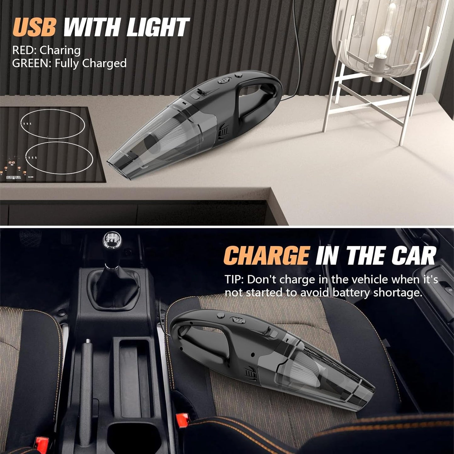 Handheld Vacuum Cordless Rechargeable with LED Light, Car Vacuum Portable Cordless, Hand Vacuum Cleaner Car Seats, Home, Quick Cleanup, Strong Suction, Lightweight, Includes Crevice Nozzle & Brush