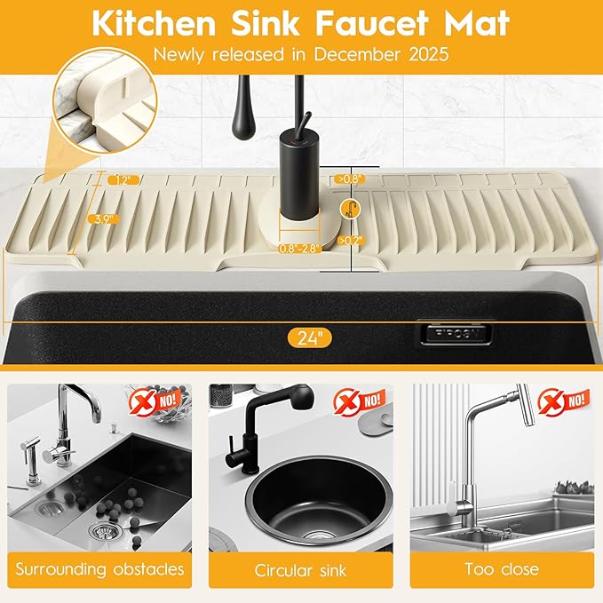 24" Silicone Faucet Mat for Kitchen Sink Released in 2025/12TH,8° Slope Fast Self-draining-Kitchen Sink Splash Guard,Bathroom Kitchen Sink Area Water Splash Guard Behind Faucet Draining Mat Beige