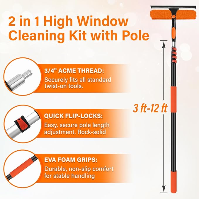 20FT Telescoping Window Squeegee Kit | 2-in-1 Professional Window Washer & Microfiber Scrubber with Extension Pole | High Reach Cleaning Tool for Outdoor, Indoor Windows & Glass