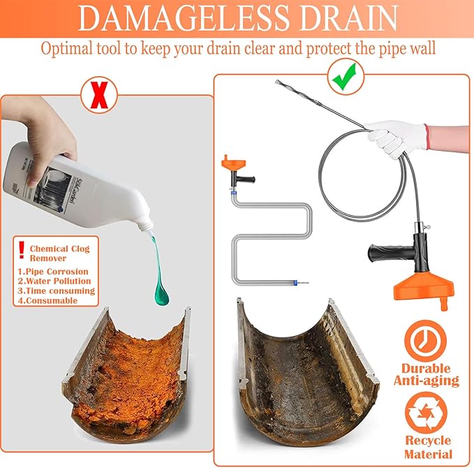 33 Feet Drain Snake Auger, Plumbing Snake Drain Hair Clog Removal Tool, Heavy Duty Toilet Snake Auger, Sink Unclogger Drain Cleaner Tool for Bathroom Kitchen Tub Shower Drain Clog Remover with Gloves