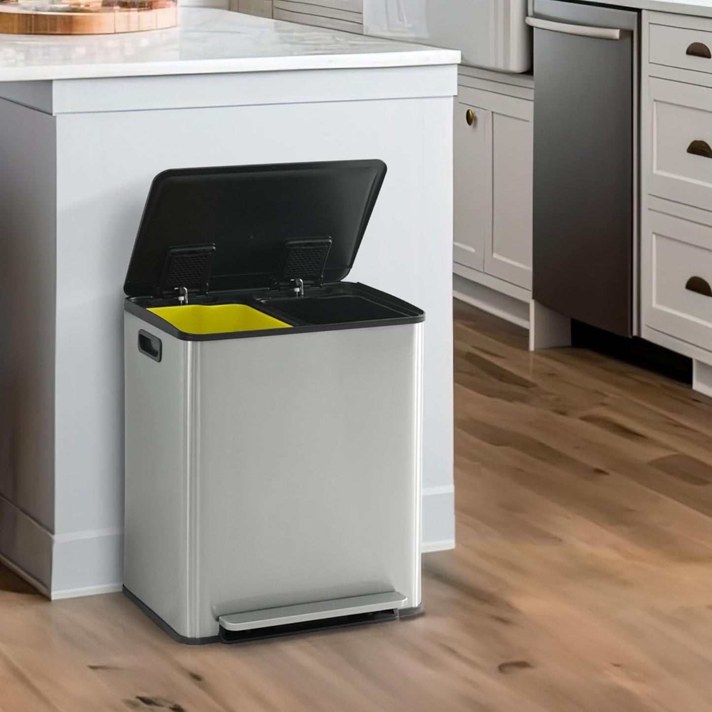 CAPHAUS Dual Trash Can with Lid, Trash and Recycling Bins Combo for Kitchen, Hands-Free Stainless-Steel Garbage Can with 2 Compartment, Hinged Lid, Odor Filter, Handles, 25L+25L, 2 x 6.6 Gallon