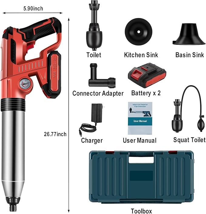 Electric Toilet Plunger with 2 batteries，Drain Clog Remover Tools,High Pressure Air Toilet Plungers Heavy Duty Plunger For Toilet,Bathroom,Floor Drain,Sewer,Pipe，RED